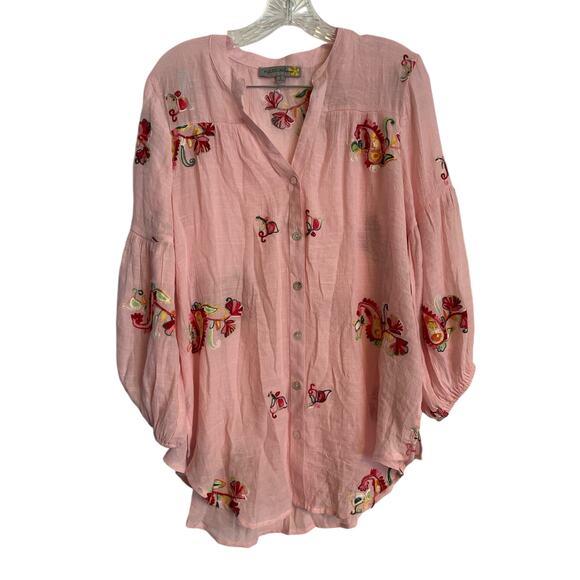 Figueroa & Flower Tops - Figueroa Flowers Women's Size L Pastel Pink Floral Embroided Button Up Top (NWT)